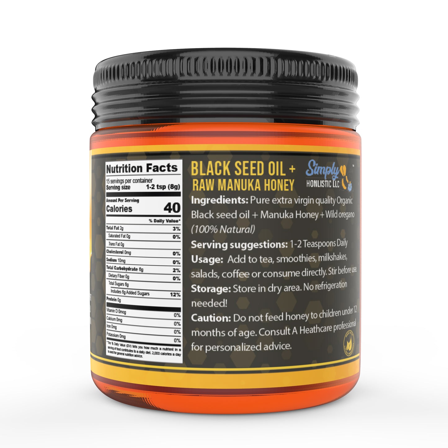 Manuka Honey with Wild Oregano Oil & Black Seed Oil jar showcasing nutrition facts and serving suggestions.
