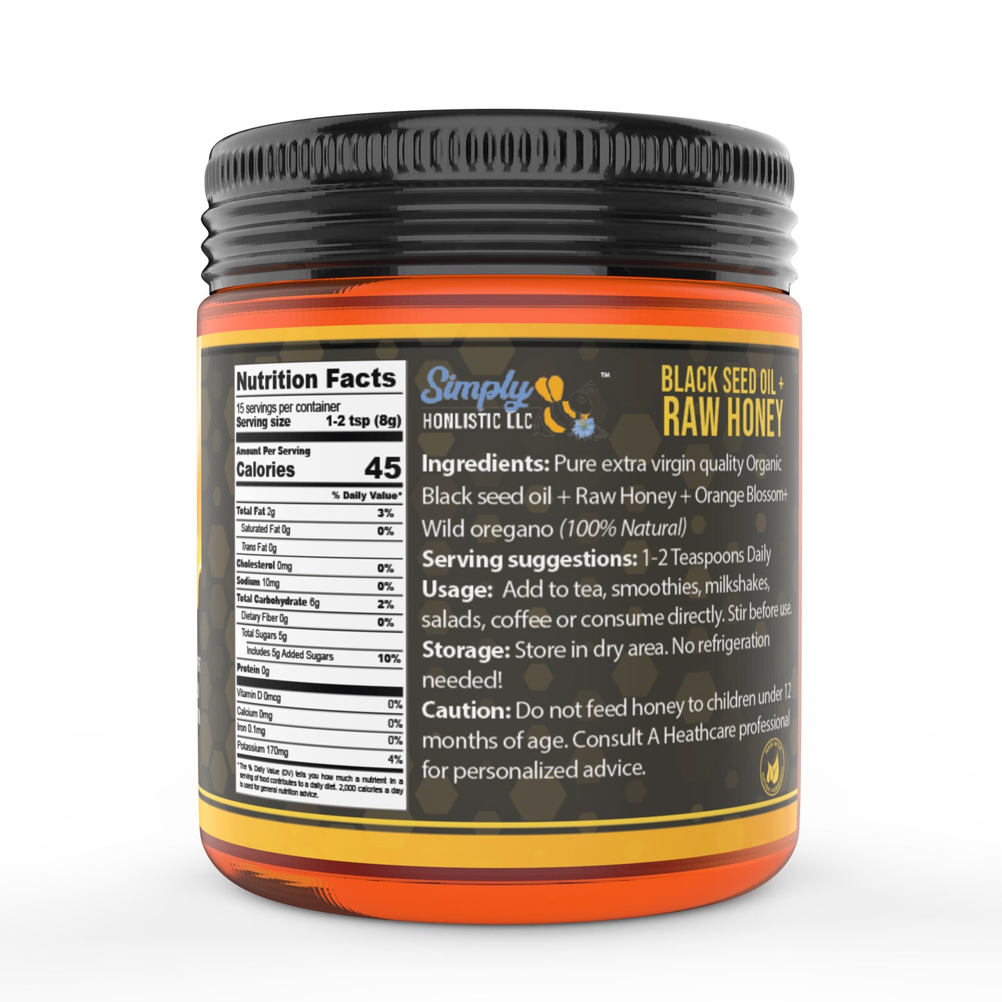 Orange Blossom Honey with Wild Oregano Oil & Black Seed Oil jar with nutrition facts and ingredients.