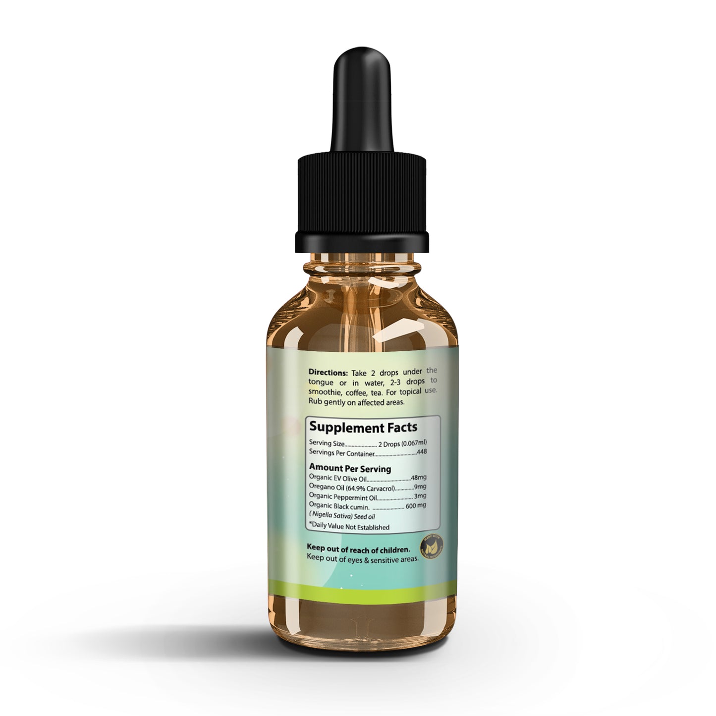 Peppermint Wild Oregano Oil & Black Seed Oil Blend in a glass dropper bottle with supplement facts.