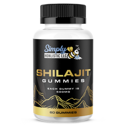 Simply Holistic Shilajit gummies bottle with 60 gummies, each 500mg for energy and health support.