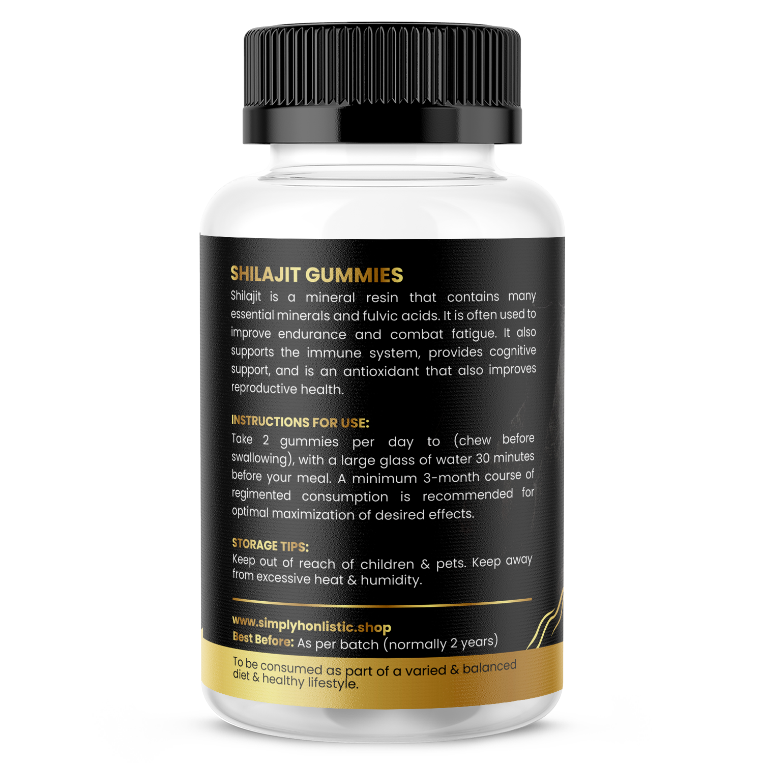 Shilajit gummies bottle containing essential minerals and fulvic acid for energy and immune support.