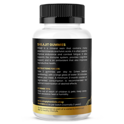 Shilajit gummies bottle containing essential minerals and fulvic acid for energy and immune support.