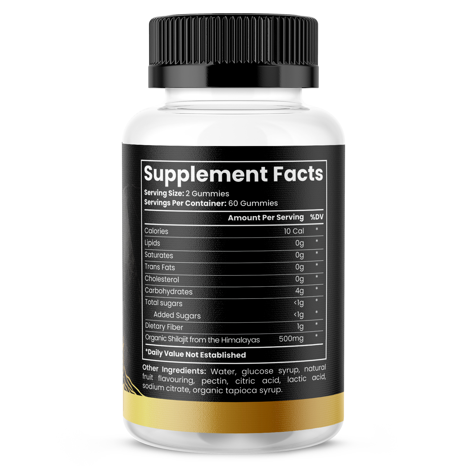 Supplement facts of organic Shilajit gummies with serving details and ingredients listed.