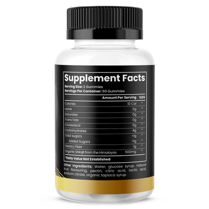 Supplement facts of organic Shilajit gummies with serving details and ingredients listed.